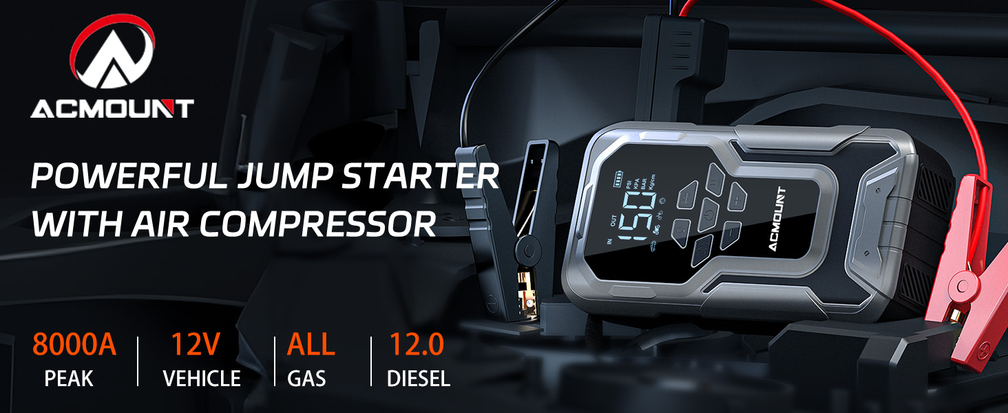 Text reads 'AGGIANT', 'POWERFUL JUMP STARTER WITH AIR COMPRESSOR', '8000A', '12V', 'ALL', '12.0'. Portable jump starter device with digital display screen showing specifications and emergency starting capabilities.