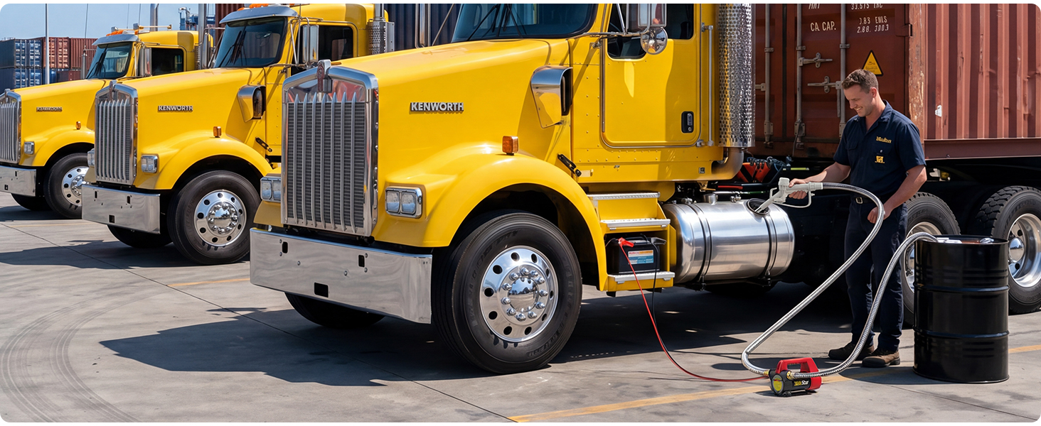 Yellow and black semi-truck with utility box mounted on bed. Worker in dark clothing operates equipment on ground beside vehicle in industrial setting.