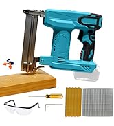 Teal-colored electric nail gun demonstrated on wood surfaces, showing different operating angles and included nail strips and accessories.