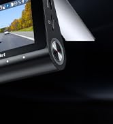 Close-up of a black dashboard camera or car DVR device with visible camera lens and digital display screen showing road view.