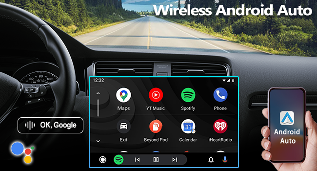 Car dashboard display showing wireless Android Auto interface with app icons for maps, music, phone and voice control against a road background.