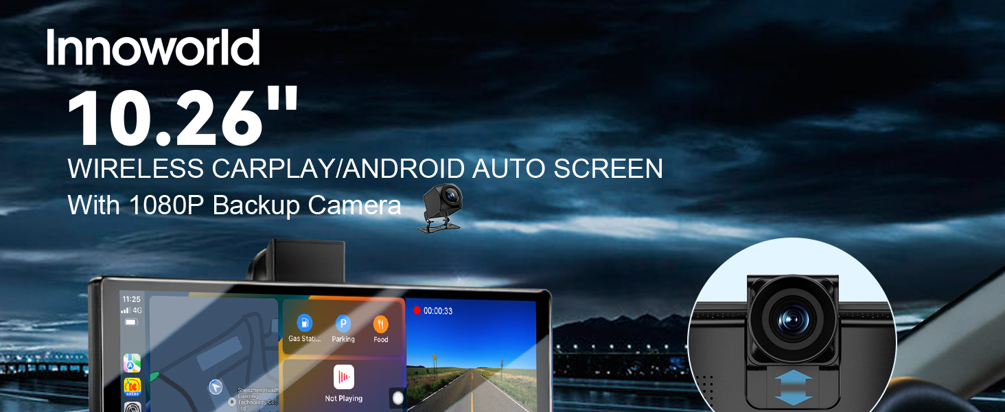 Text reads 'Innoworld WIRELESS CARPLAY/ANDROID AUTO SCREEN' and '10.26"'. Car entertainment system display showing multiple interface screens and navigation options.