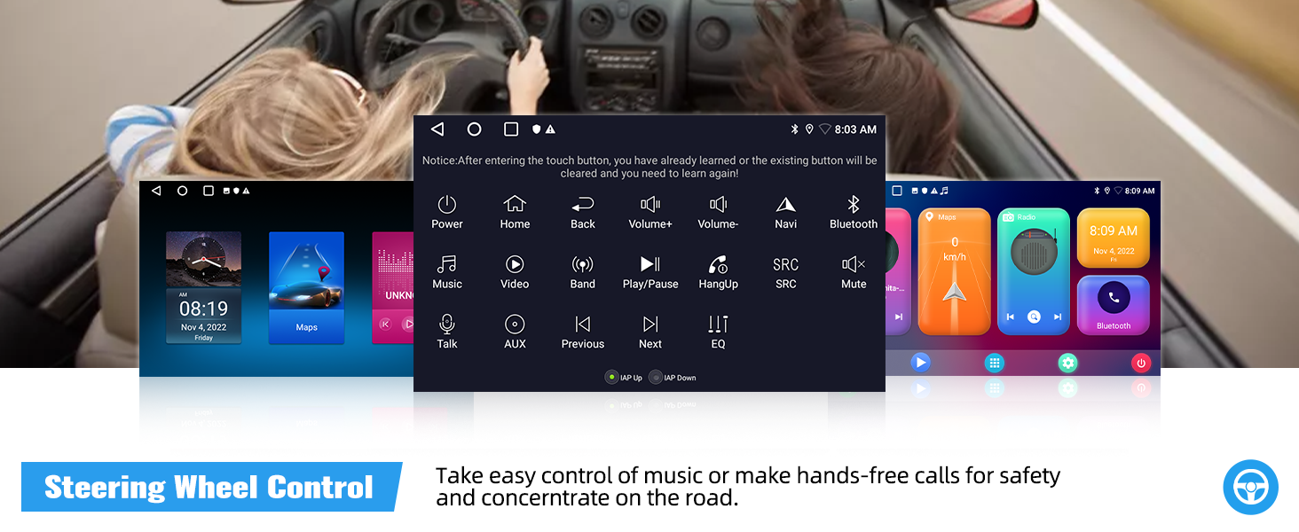 Vehicle dashboard interface displaying multiple menu screens with entertainment and control options, featuring steering wheel control functionality.
