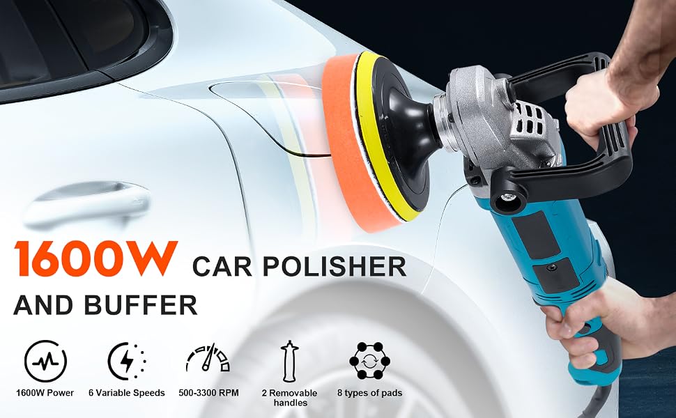 Text reads '1600W CAR POLISHER AND BUFFER'. Multiple panels showing car polishing tool in use on vehicle surfaces, with icons indicating product features.
