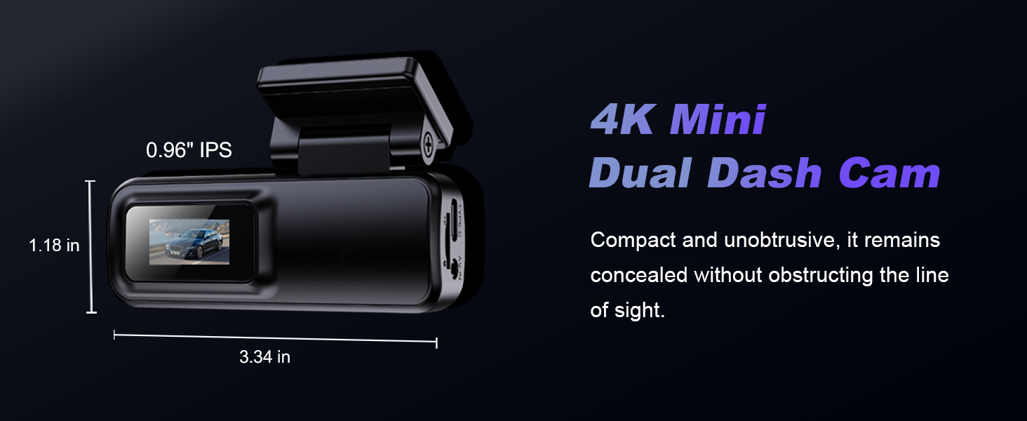 Text reads '4K Mini' and 'Dual Dash Cam'. Multiple views of a compact car dashboard camera system showing front and rear-facing camera units with mounting accessories.