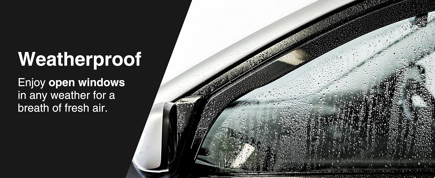 Car window demonstration showing weatherproof feature with water droplets on glass and text 'Weatherproof' indicating all-weather functionality.