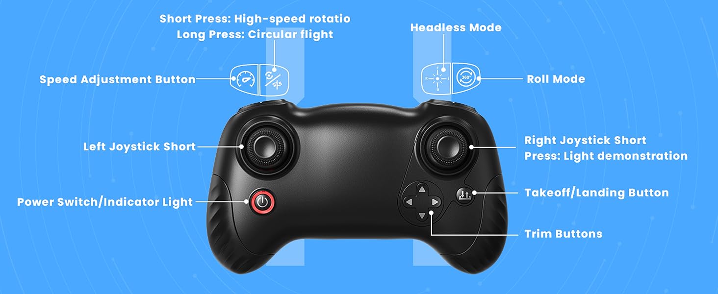 Black gaming controller diagram with blue background, showing labeled button functions and control features.