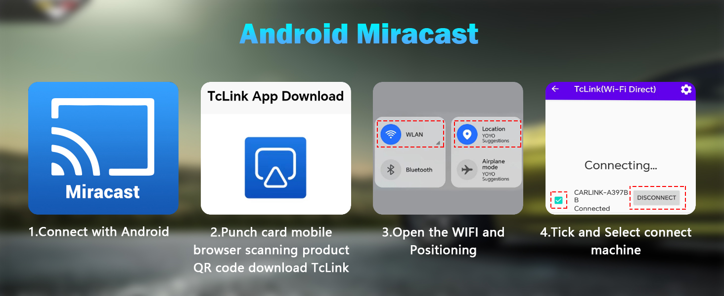 Android Miracast setup guide showing four steps with app icons and interface screenshots for connecting mobile devices.