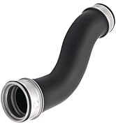 Black curved pipe or tube component with silver metallic end fittings, shown from multiple angles against white background.