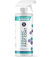 Bottle of ceramic fast coat product on a pedestal. Hexagonal graphics and text indicate it restores gloss and protects paintwork from fading.