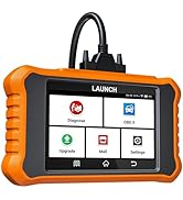 Text reads 'LAUNCH' and '2025 Newest ACTIVE'. Orange and black handheld diagnostic device with touchscreen displaying menu grid, multiple function badges shown at bottom.