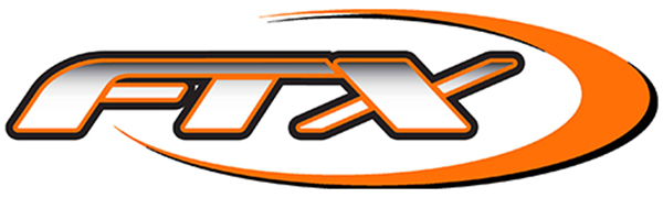 Text reads 'FTX' logo in orange and black stylized lettering with curved swoosh design on white background.