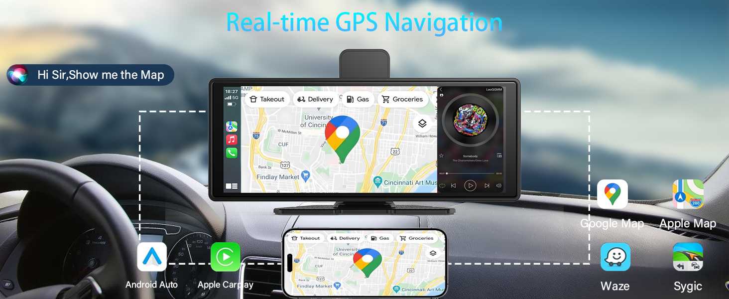 Car dashboard with large screen display showing GPS navigation map. Smartphone below mirrors the map. Icons for various apps and features visible on the display.