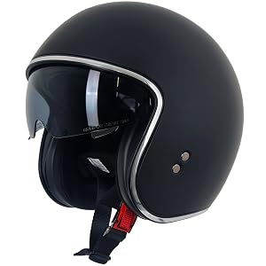 Matte black vintage-style motorcycle helmet with silver trim around face opening and visible chin strap.