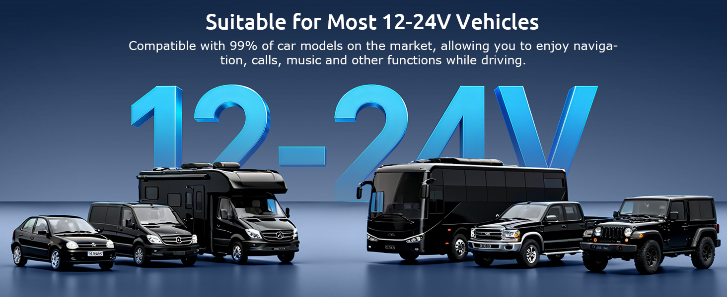 Text reads 'Suitable For Most 12-24V Vehicles'. Dark background with blue illuminated text and silhouettes of various vehicle types including cars, trucks, and SUVs.