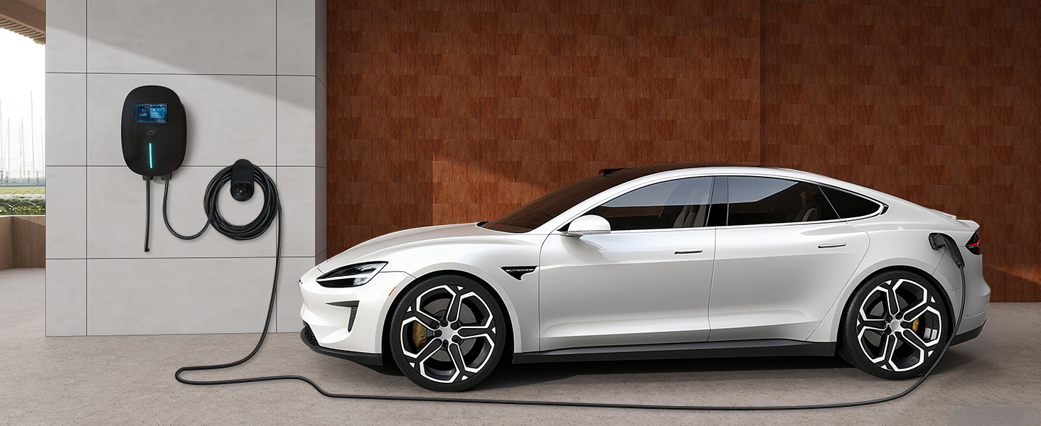Silver electric vehicle plugged into wall-mounted charging station against brown textured wall background.