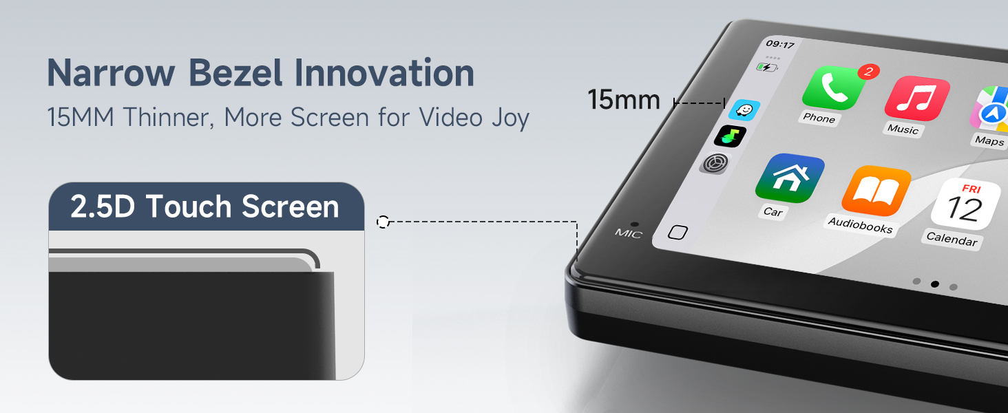 Text reads 'Narrow Bezel Innovation', '2.5D Touch Screen', '15mm'. Technical diagram showing smartphone or device screen specifications with measurement details.