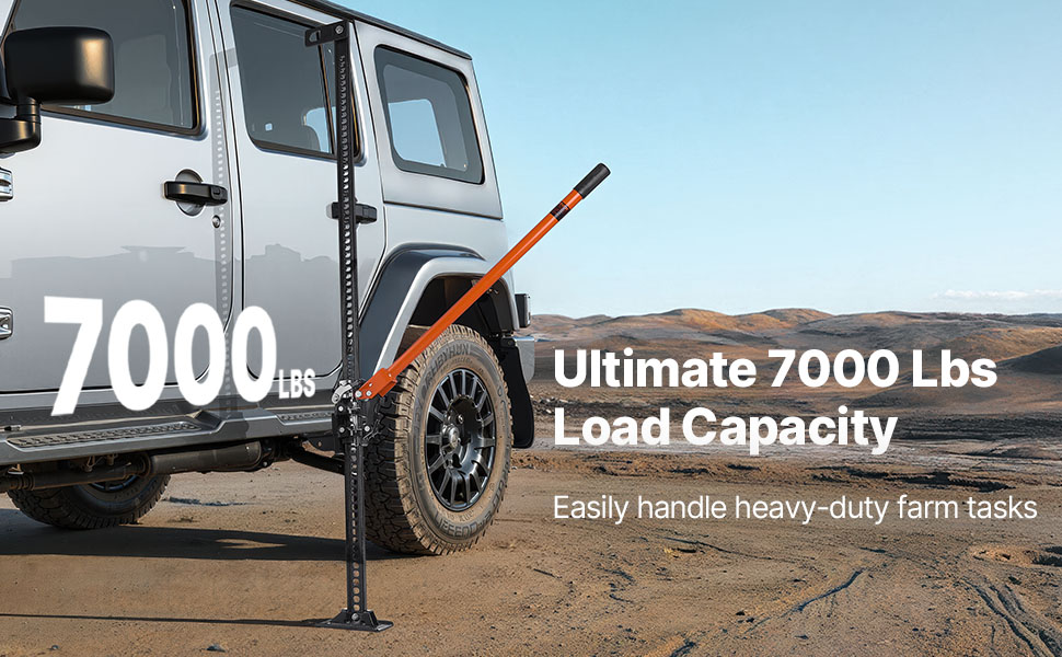 Text reads '7000 LBS Ultimate 7000 Lbs Load Capacity Easily handle heavy-duty farm tasks'. Off-road vehicle with mounted jack system against desert landscape.