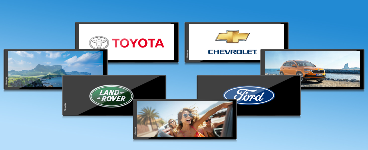 A horizontal banner displaying automotive brand logos including Toyota, Chevrolet, Land Rover, and Ford, with small lifestyle images interspersed between dark rectangular sections.