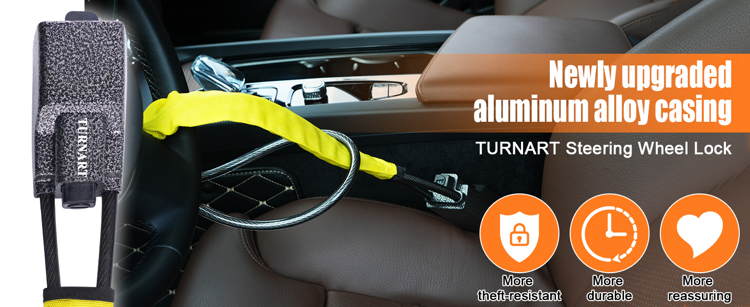 Text reads 'Newly upgraded aluminum alloy casing TURNART Steering Wheel Lock'. Yellow and black steering wheel lock device shown installed on vehicle steering wheel.
