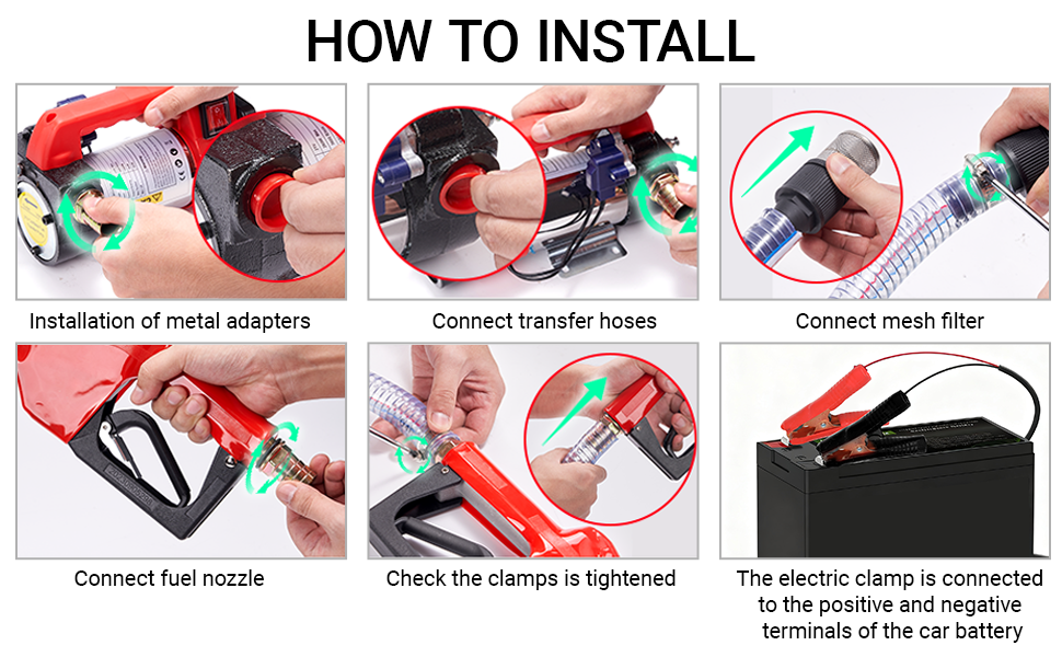 Text reads: 'Automatic Fuel Nozzle - Just like at the gas station'. Labeled diagram showing red fuel nozzle components: Handle, Main Valve, High Sensitive Sensor Head, Hanging Piece, Self-Sealing Hole, Switch Handle, Imported Oil.