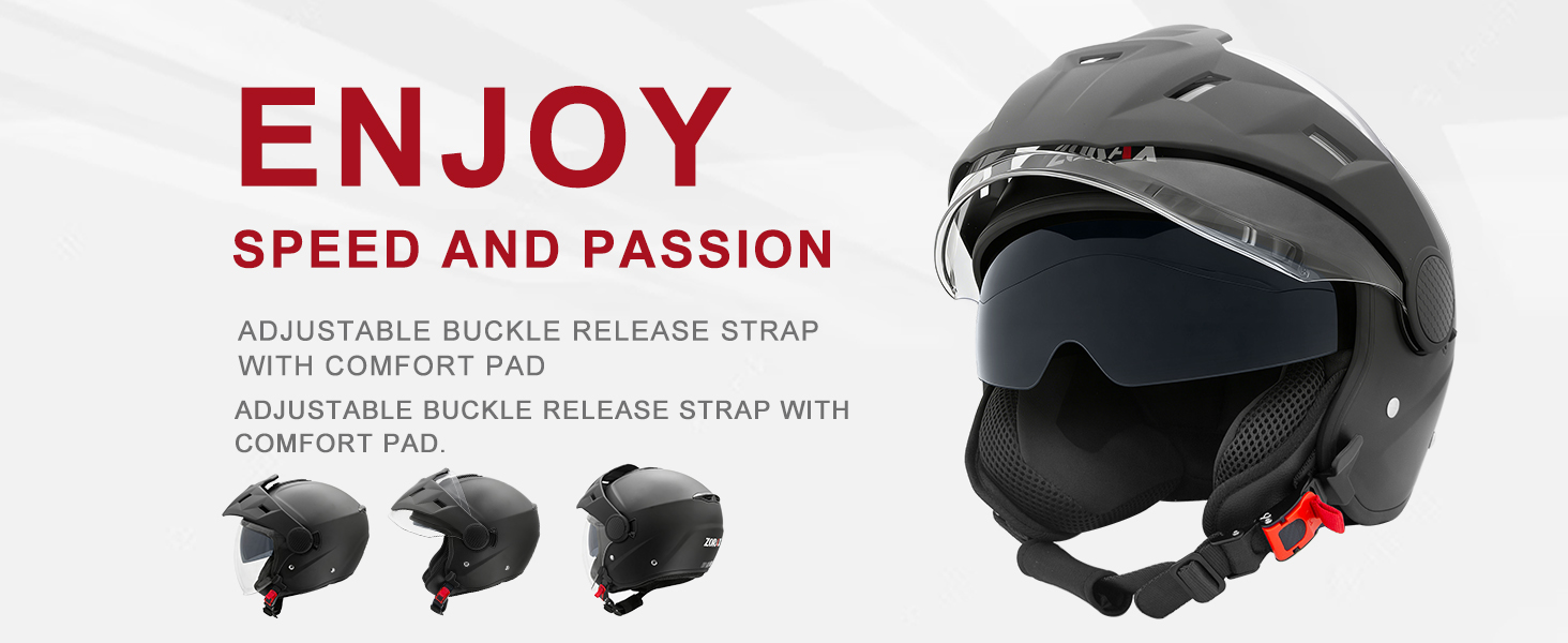 Text reads 'ENJOY SPEED AND PASSION'. Multiple views of black protective helmets with red accents, showing different angles and safety features.