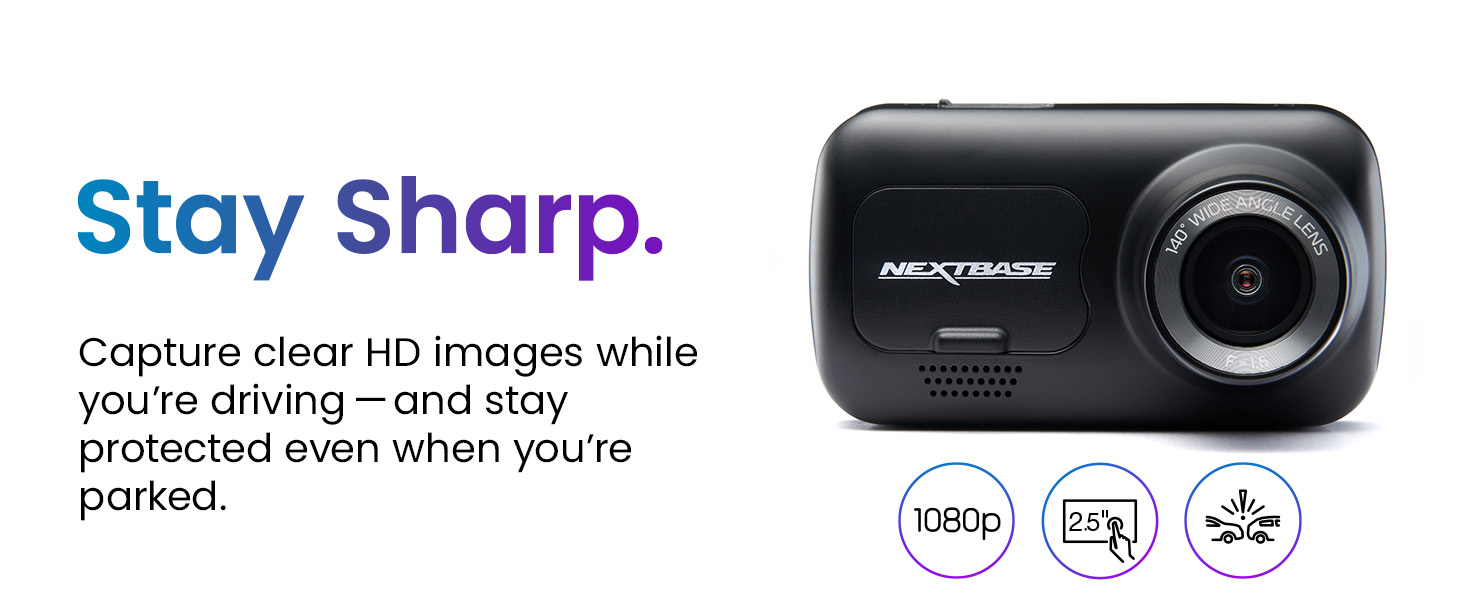 Nextbase dashboard camera with 1080p HD recording and 2.5-inch display. Features night vision capability for clear images while driving or parked.