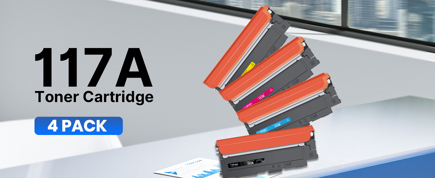 Text reads '117A Toner Cartridge 4 PACK'. Four red printer toner cartridges arranged diagonally on light gray surface.