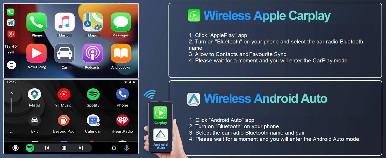 Text reads 'Wireless Apple CarPlay' and 'Wireless Android Auto'. Screen interface mockups showing various app icons and menu layouts for car entertainment systems.