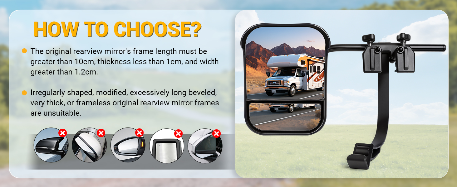 Text reads 'HOW TO CHOOSE?' Product showcase of vehicle blind spot mirrors with multiple views demonstrating installation and usage on car side mirrors.