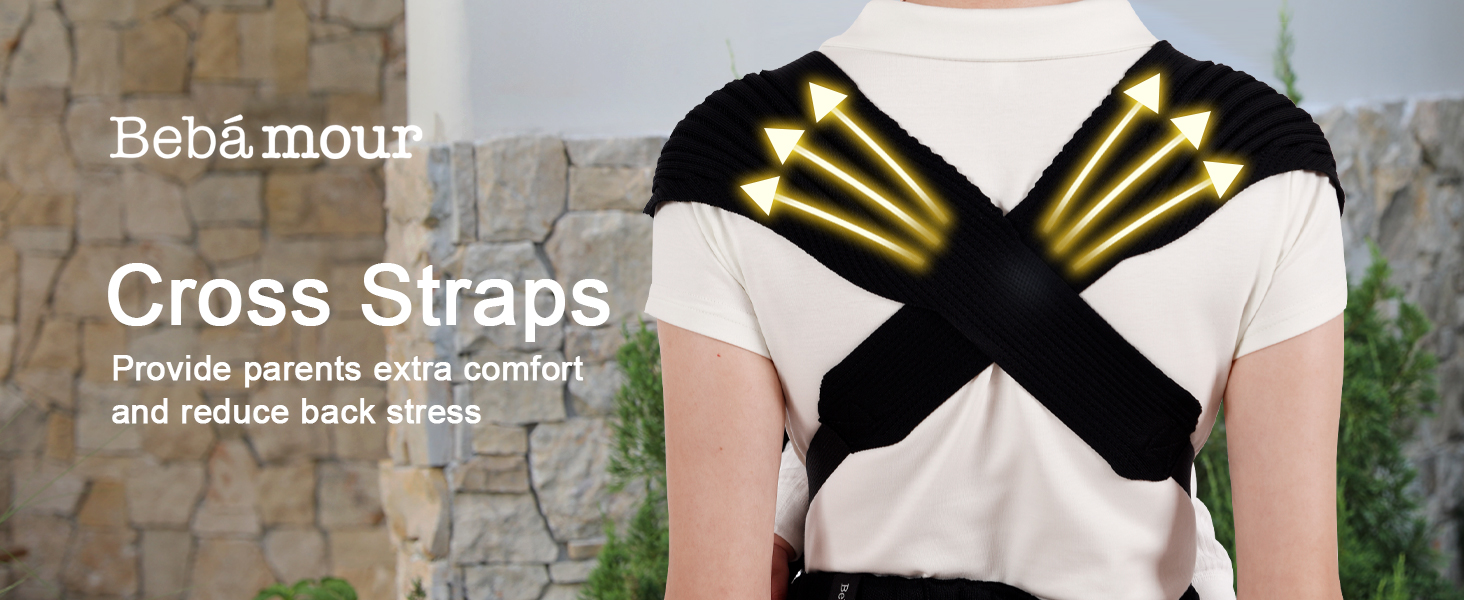 Text reads "Bra&more Cross Straps". Person wearing black cross-strap bra top design worn over light blue short-sleeved shirt.