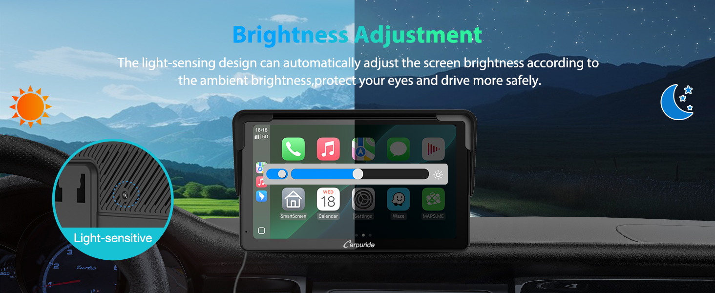 Car dashboard display with automatic brightness adjustment feature. Screen shows app icons and brightness control. Light sensor visible. Daytime and nighttime scenes illustrated.