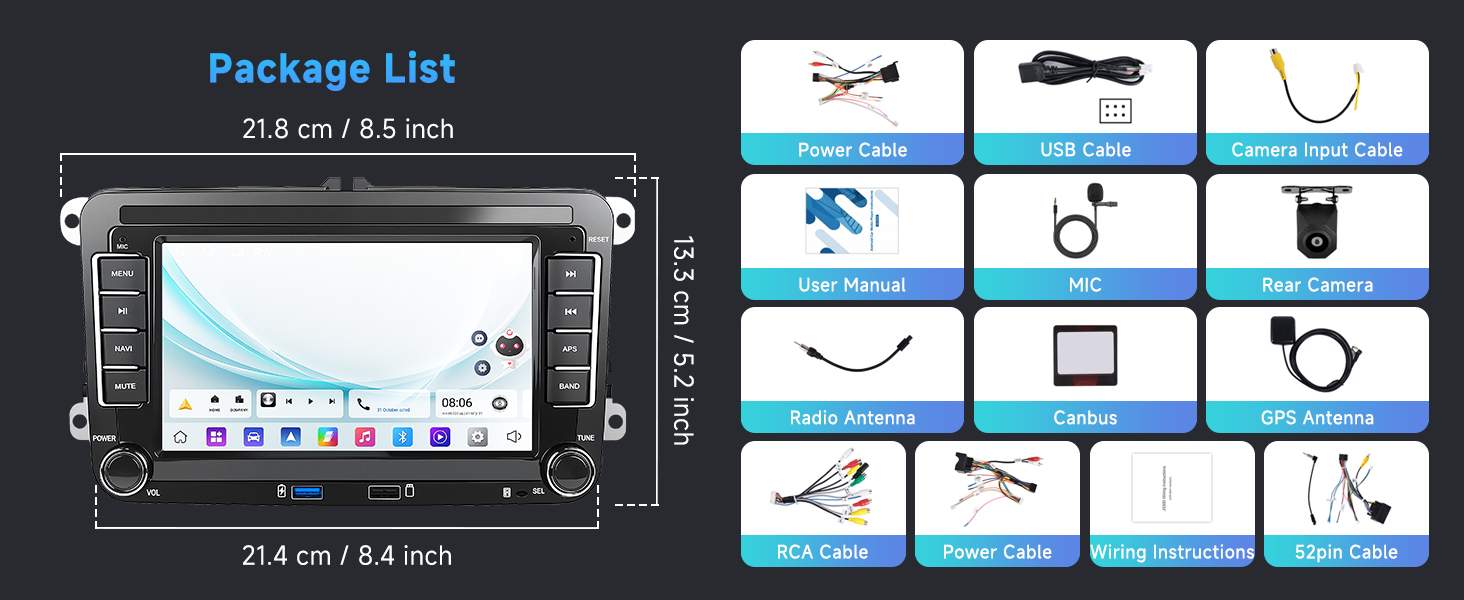 Text reads 'Package List' followed by technical diagram showing car stereo unit dimensions and multiple accessory icons including USB, cables, and mounting hardware.