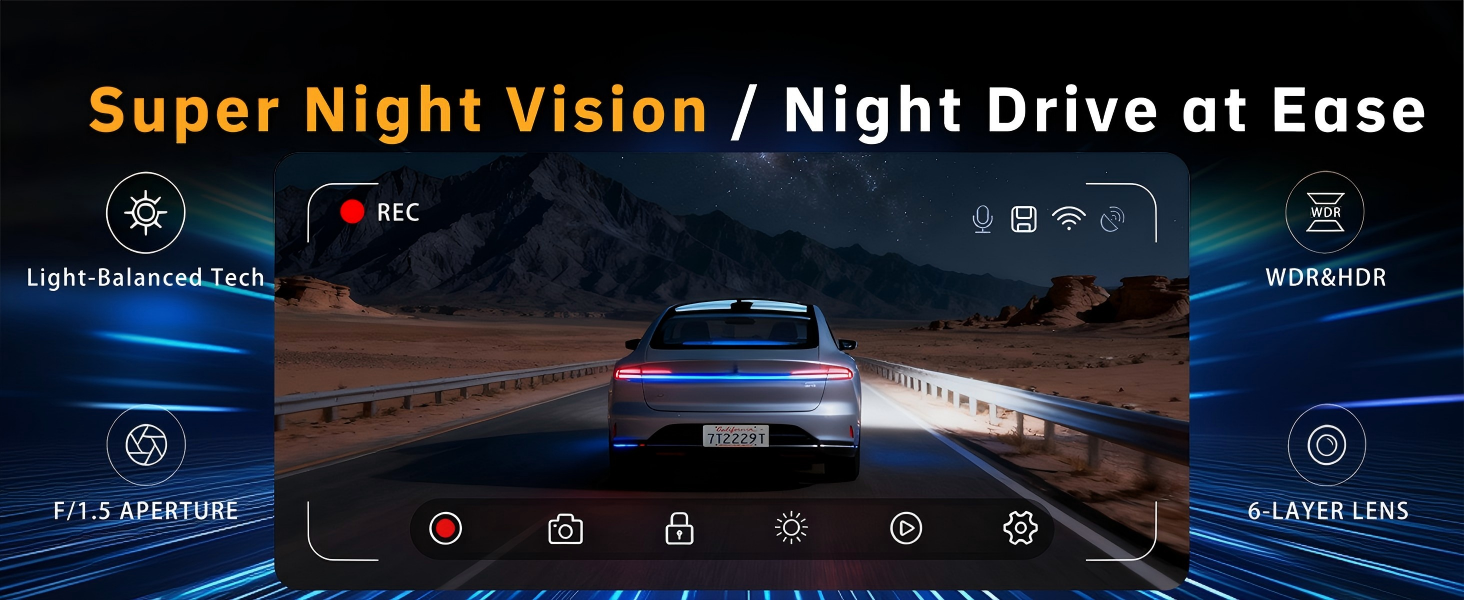 Text reads "Super Night Vision / Night Drive at Ease". Dashboard camera interface showing nighttime highway driving scene with vehicle and road clearly visible, featuring night vision capability demonstration.