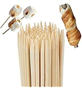 Wooden skewers bundle with toasted marshmallows on sticks and a twisted bread stick. The skewers are thin, pointed, and light-colored, suitable for various food preparations.