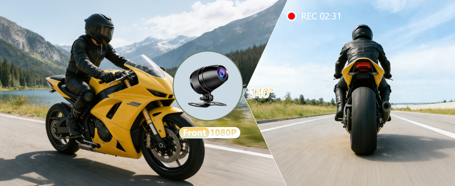 Sequential shots of yellow sports motorcycle on mountain road. Scenic action photos showing bike from multiple angles against mountainous backdrop.