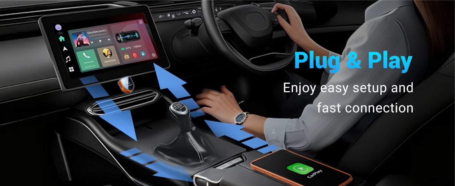 Text reads 'Plug & Play' and 'Enjoy easy setup and fast connection.' Interior car dashboard with steering wheel and infotainment system displaying mobile device integration with blue cable connections visible.