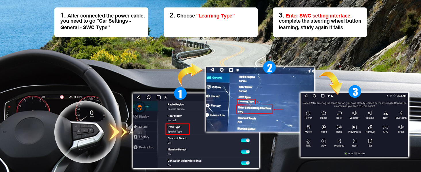 Vehicle dashboard interface showing multiple menu screens and settings panels with blue interface elements.