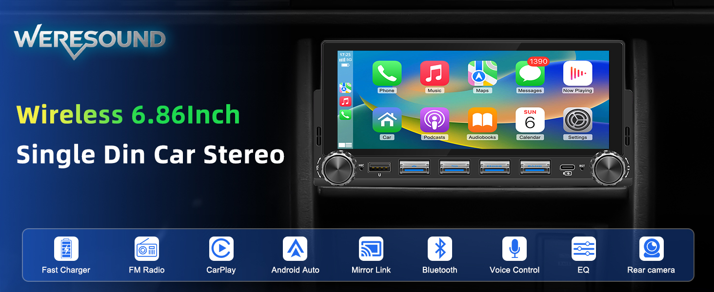Text reads 'Wireless' and 'Wireless 6.85inch Single Din Car Stereo'. Car stereo unit with 6.85-inch touchscreen display showing app icons and blue interface, multiple control buttons below screen.