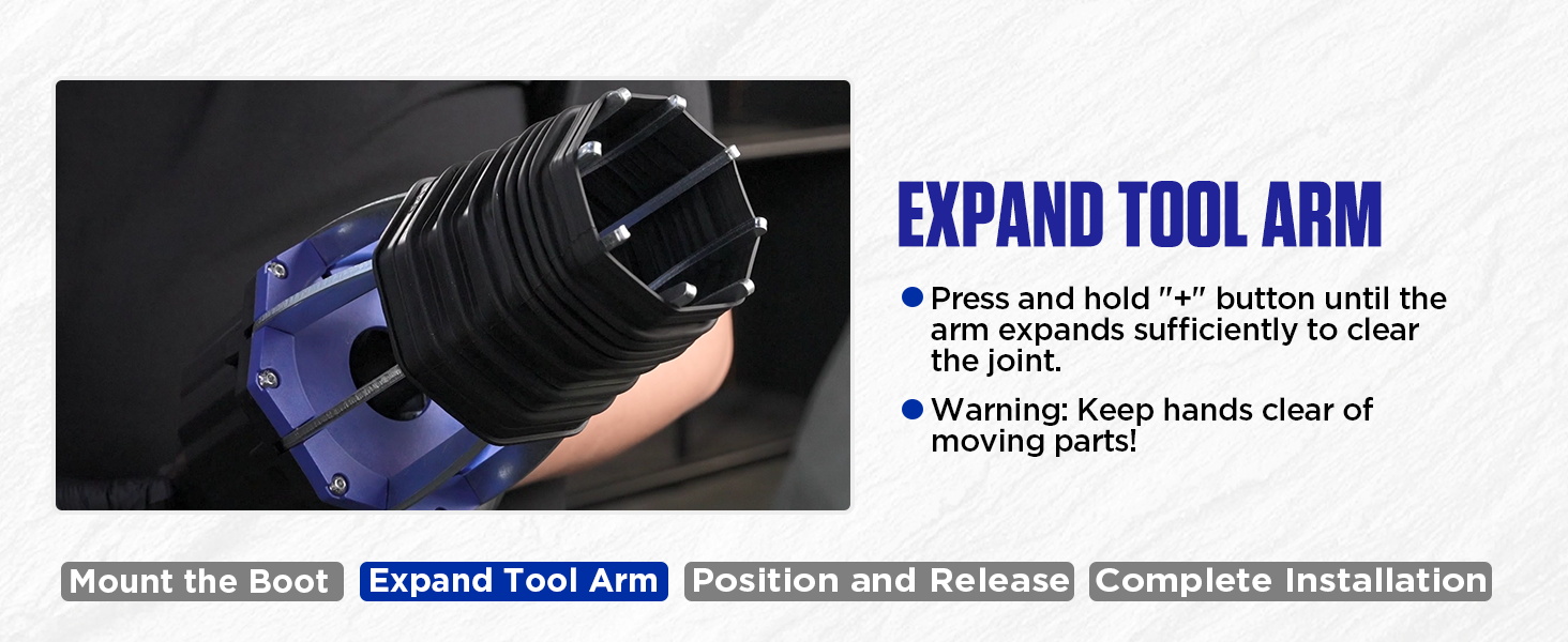 Text reads 'EXPAND TOOL ARM'. Technical instruction diagram showing steps for tool assembly or adjustment with multiple panels.
