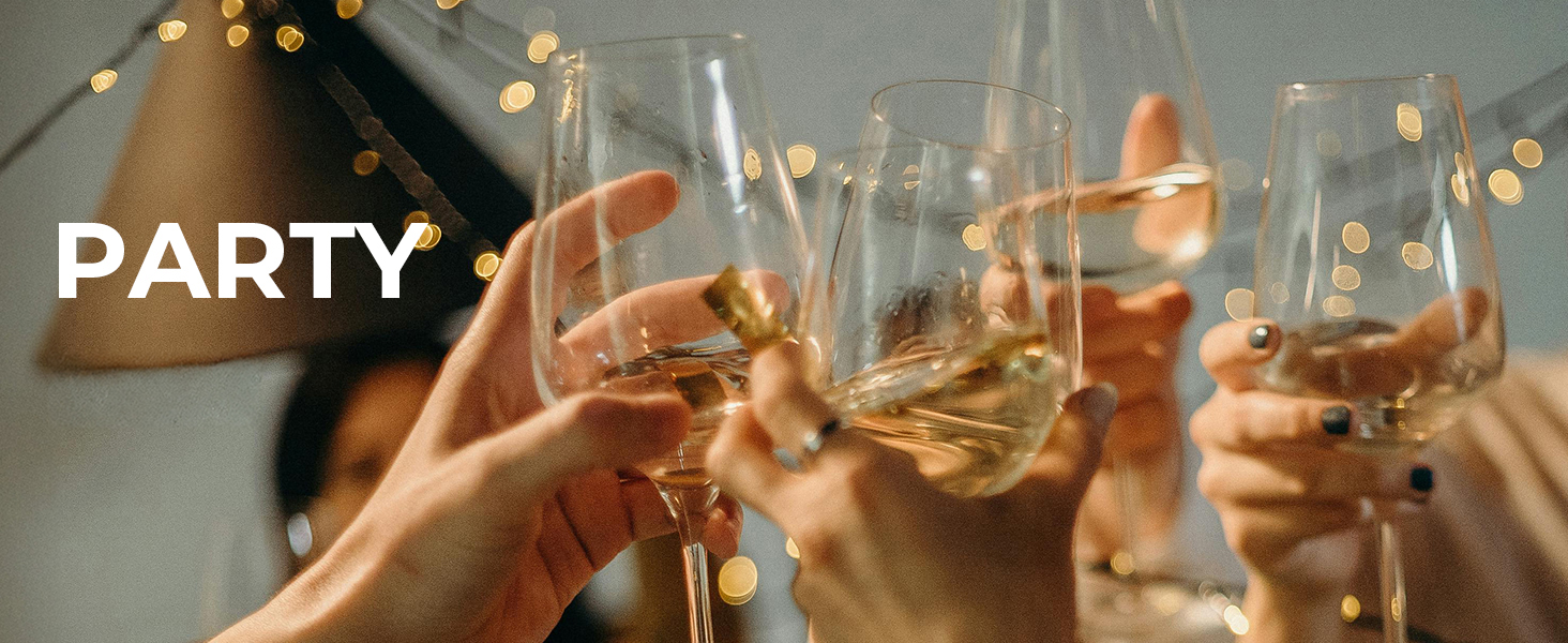 Text reads 'PARTY'. Image shows hands clinking glasses of amber-colored beverages at a celebration gathering with multiple glasses visible.