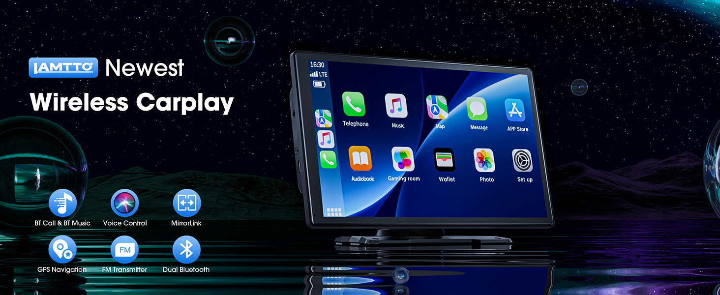 Car infotainment system interface showcasing wireless CarPlay feature. Screen displays various app icons and connection options.