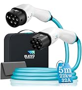 Text reads 'ELEVO' and '10M 7.2 kW'. EV charging cable set featuring two black connector heads with blue accents, coiled black cable, and black carrying case with blue branding.