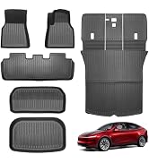 Complete set of black rubber floor mats with ribbed pattern design, shown with small Tesla Model Y vehicle illustration.