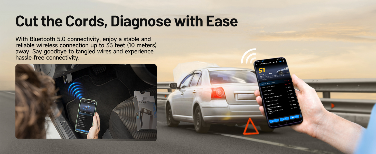 Mobile diagnostic interface showing car repair app with vehicle scan features, warning triangle, and smartphone displaying diagnostic data.