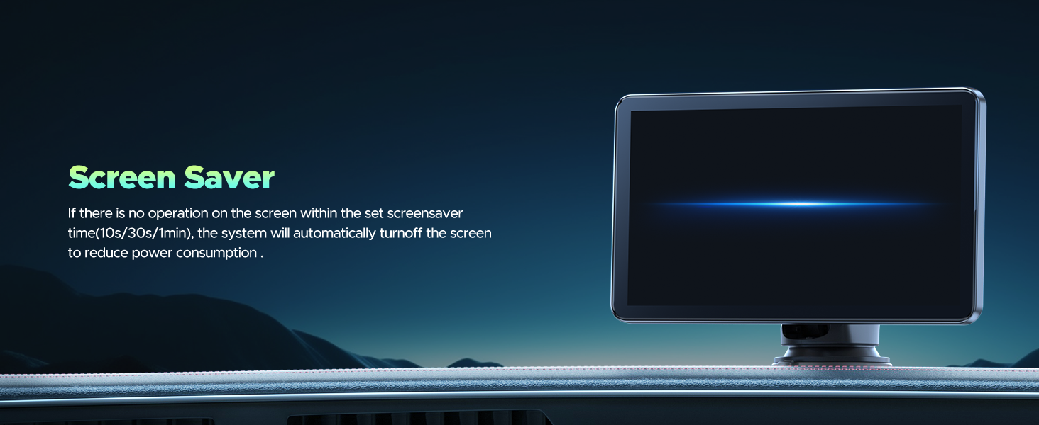 Computer monitor with 'Screen Saver' text against a dark background with blue accent lighting.