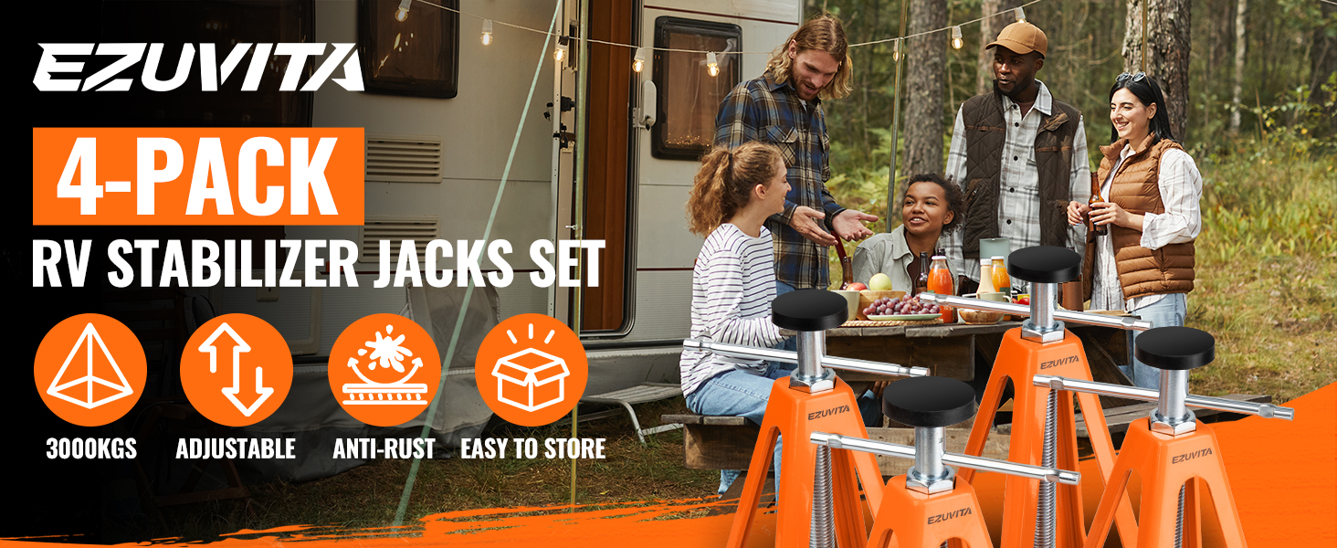Text reads 'EZUVITA', '4-PACK', 'RV STABILIZER JACKS SET', 'ADJUSTABLE', 'REMOVABLE', 'ANTI-SLIP', 'EASY TO STORE'. Four yellow and black rubber jacks displayed outdoors with RV in background.