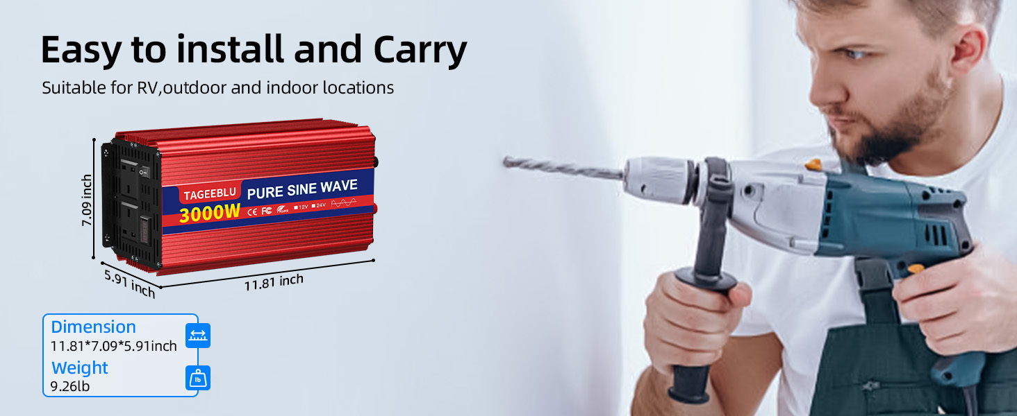 Text reads 'Easy to install and Carry'. Multiple product images showing a portable tool with charger and carrying case, demonstrating installation and use steps.