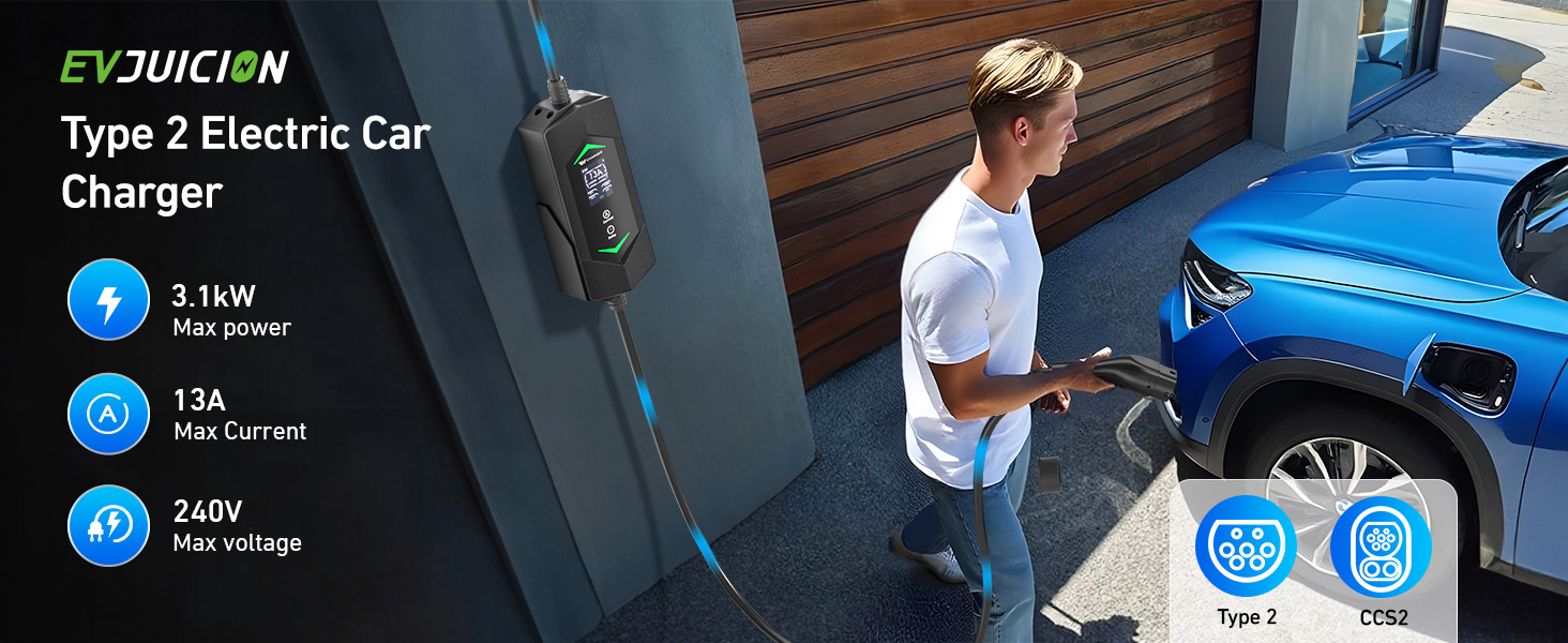 Text reads 'Type 2 Electric Car Charger' with specifications shown: '32A MAX' and '240V'. Blue electric vehicle being charged by wall-mounted charging unit.