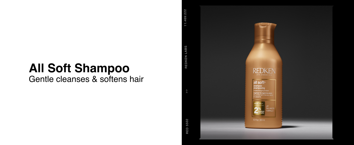 Text reads 'All Soft Shampoo' and 'Gentle cleanses & softens hair'. Golden-brown shampoo bottle with pump dispenser displayed on dark background with professional lighting.